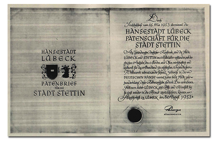 Patenschaftsurkunde der Patenschaft zwischen Lübeck und Stettin